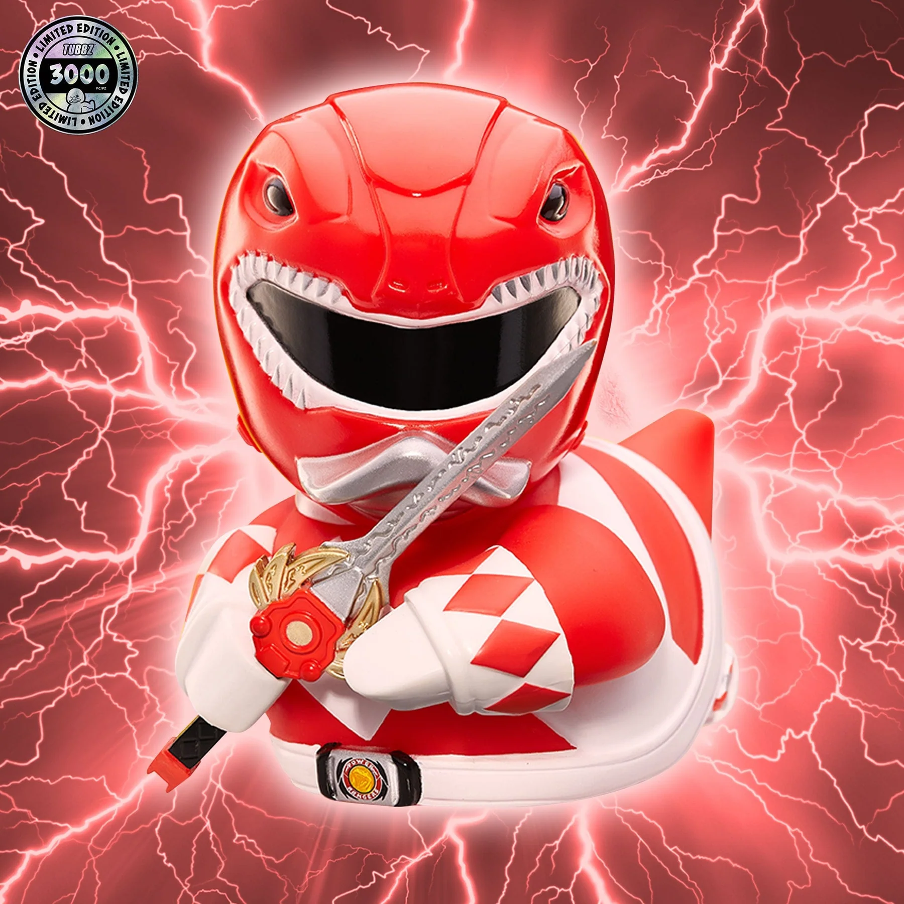 Piros Power Ranger gumikacsa karddal és villámlás háttérrel.