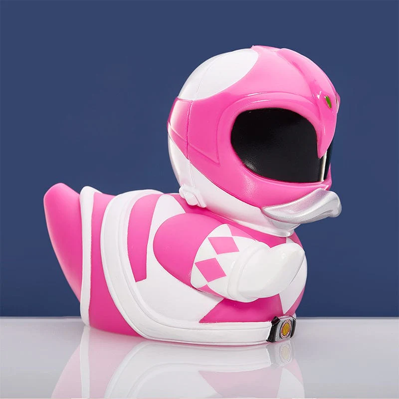 Rózsaszín Power Ranger gumikacsa játék fehér és ezüst részletekkel.