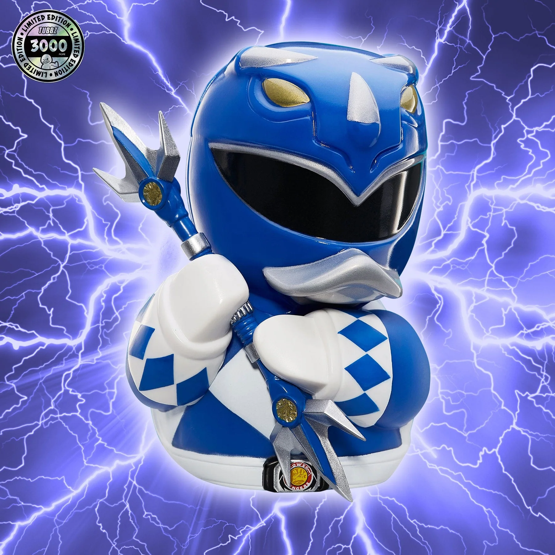Kék Power Ranger kacsa figura fegyverrel és sisakkal, limitált kiadás, villámhatás.