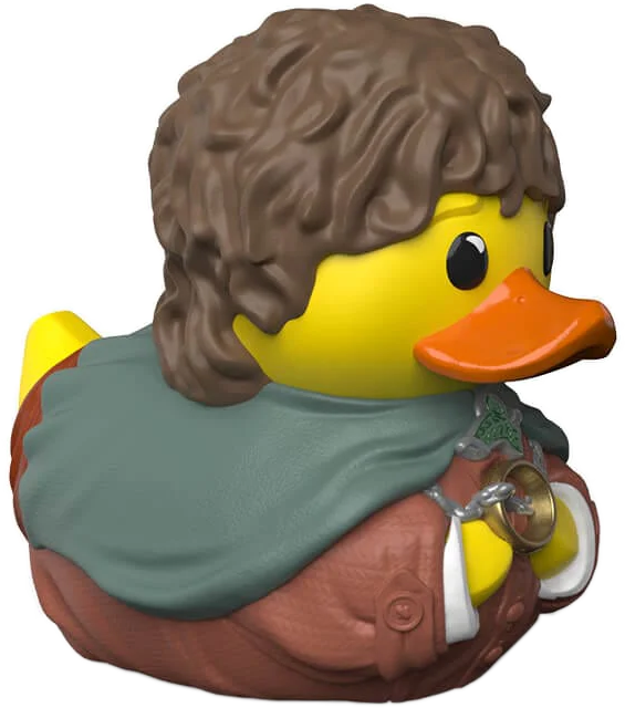 Sárga kacsa, mint Samwise Gamgee a Gyűrűk Urából. Barna haj, zöld köpeny.
