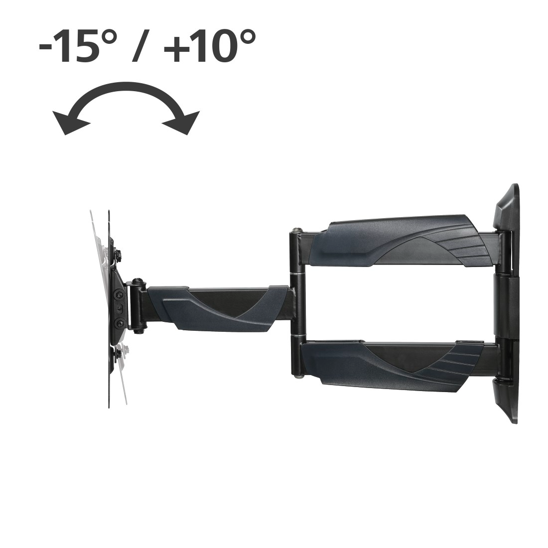 TV fali tartó a falból kinyúlva, nyilak -15° / +10°-ot jeleznek.