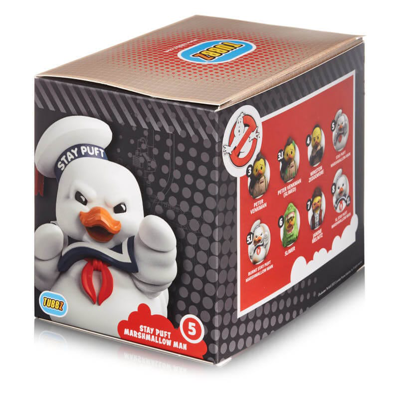 A Ghostbusters Stay Puft Marshmallow Man-jét ábrázoló doboz. A doboz piros, fehér és fekete.