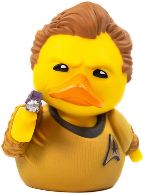 Sárga gumikacsa Star Trek karakternek öltözve, egy kis ezüst játékot tart.