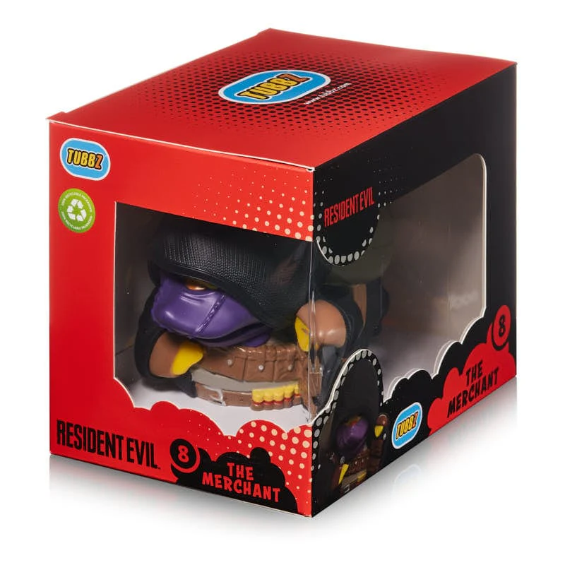 A Resident Evil The Merchant figura egy piros, fekete és átlátszó dobozban.