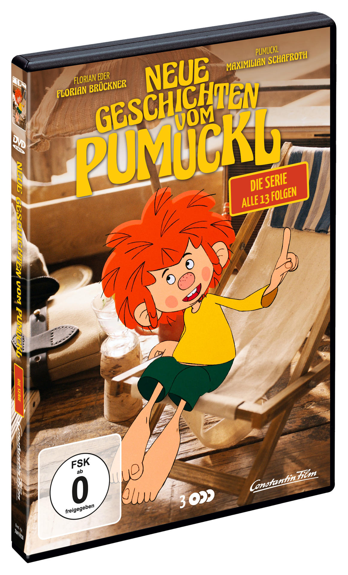 DVD-Hülle. Zeichentrickfigur Pumuckl mit rotem Haar, auf einem Strandstuhl. Deutscher Text.