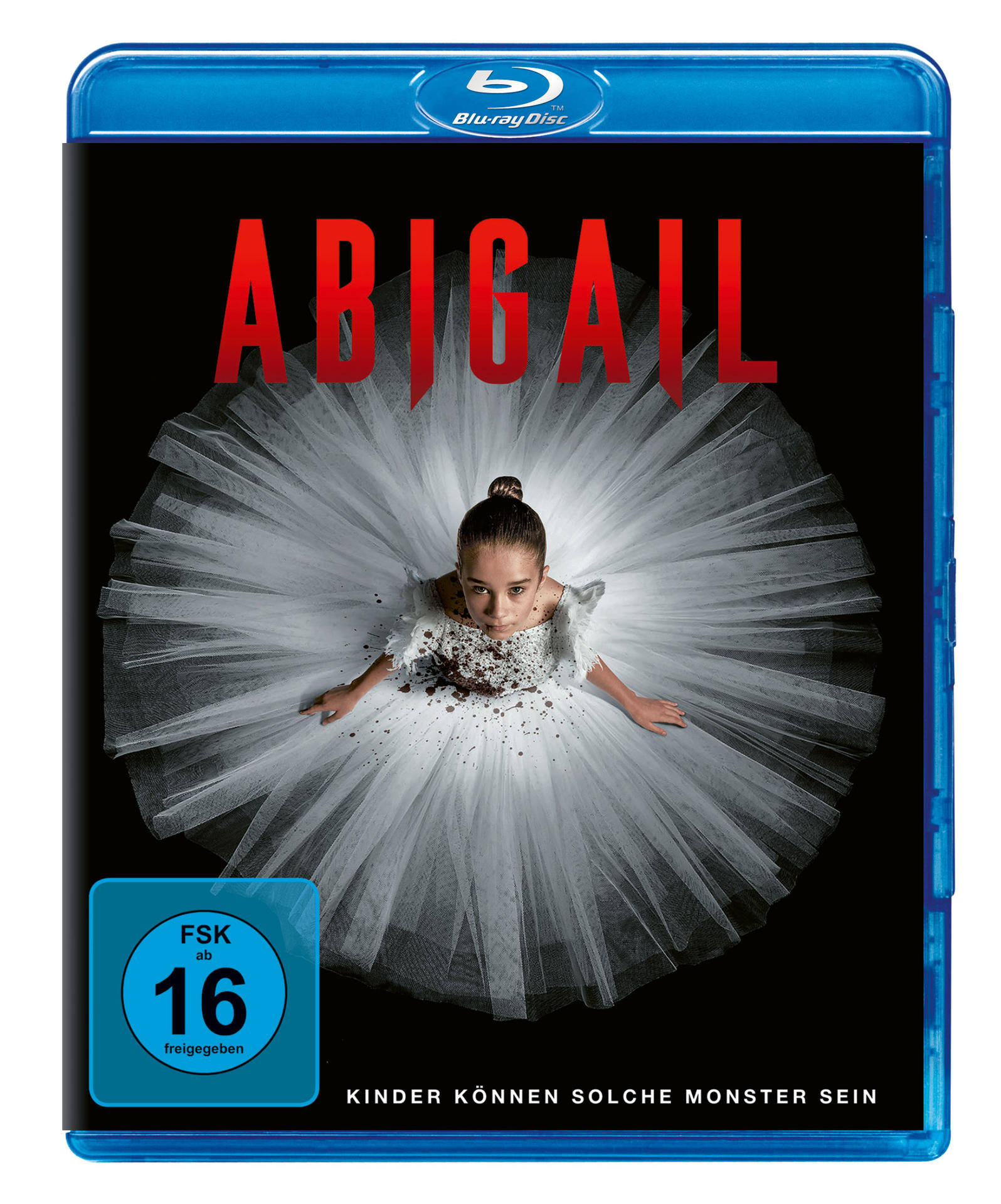 Blu-ray-Disc des Films "Abigail". Ein Mädchen in einem weißen Kleid mit roten Buchstaben auf schwarzem Hintergrund.