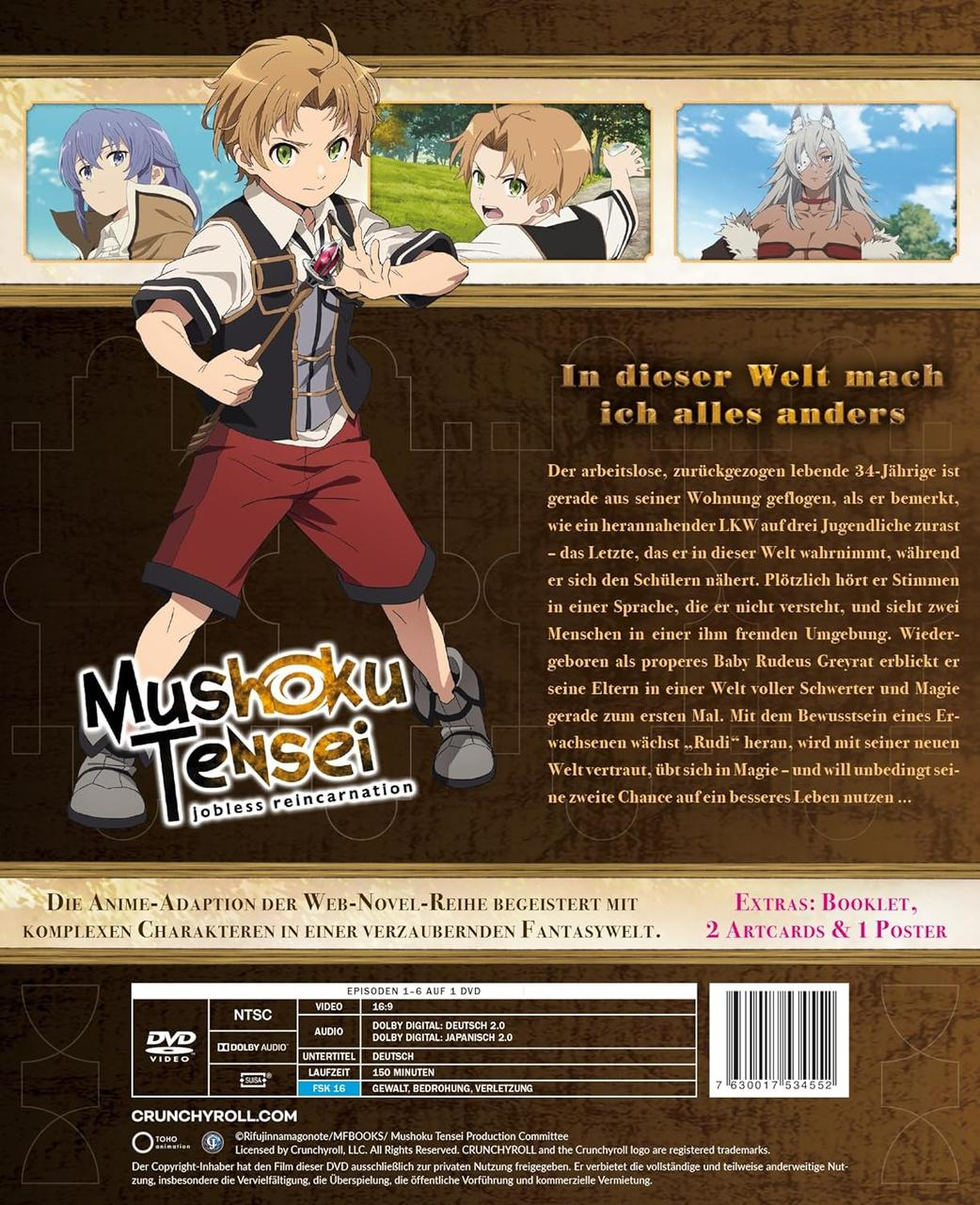 Rückseite einer DVD-Hülle für den Anime Mushoku Tensei. Charaktere und Text sichtbar.