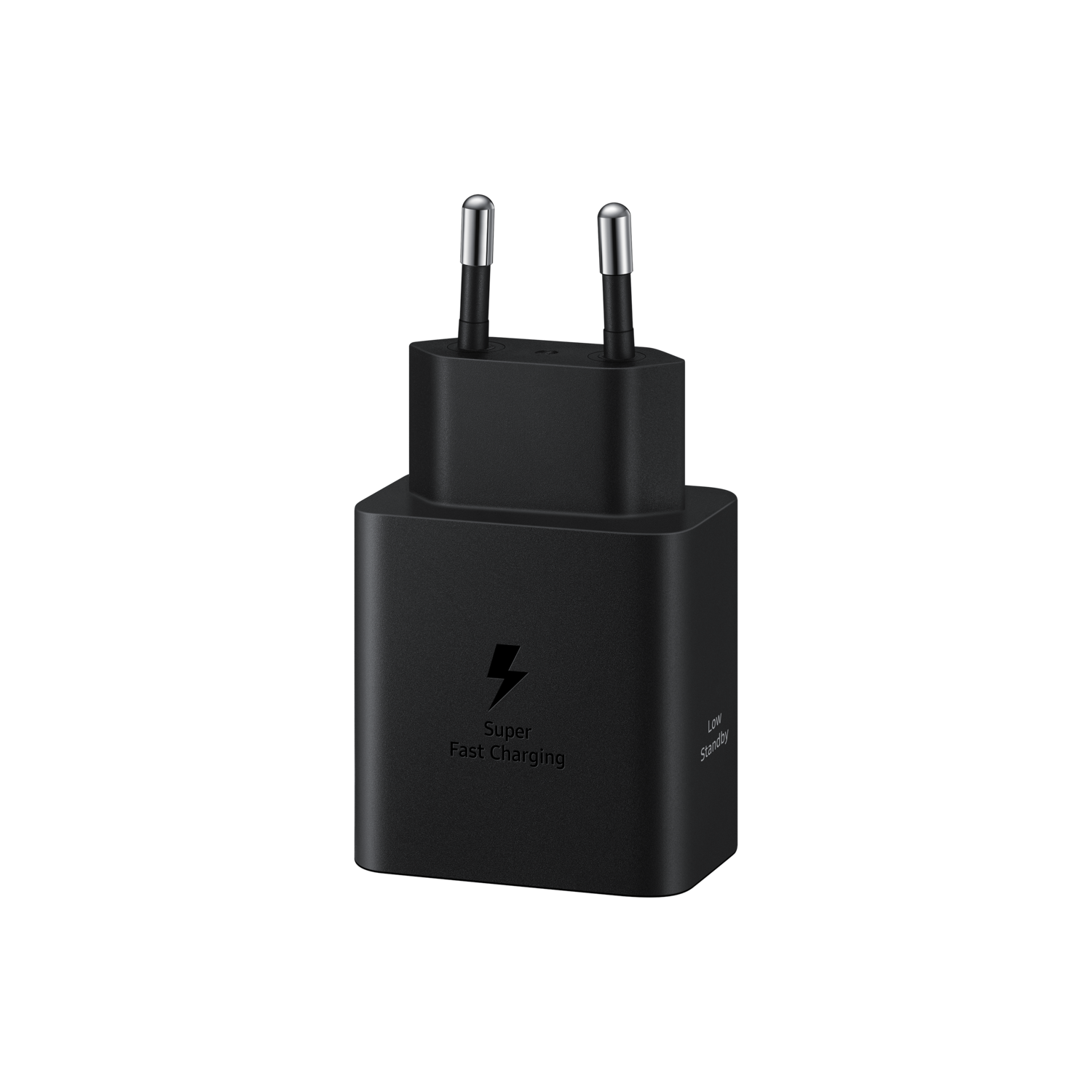 Black Samsung charger with two metal pins and a lightning bolt symbol.