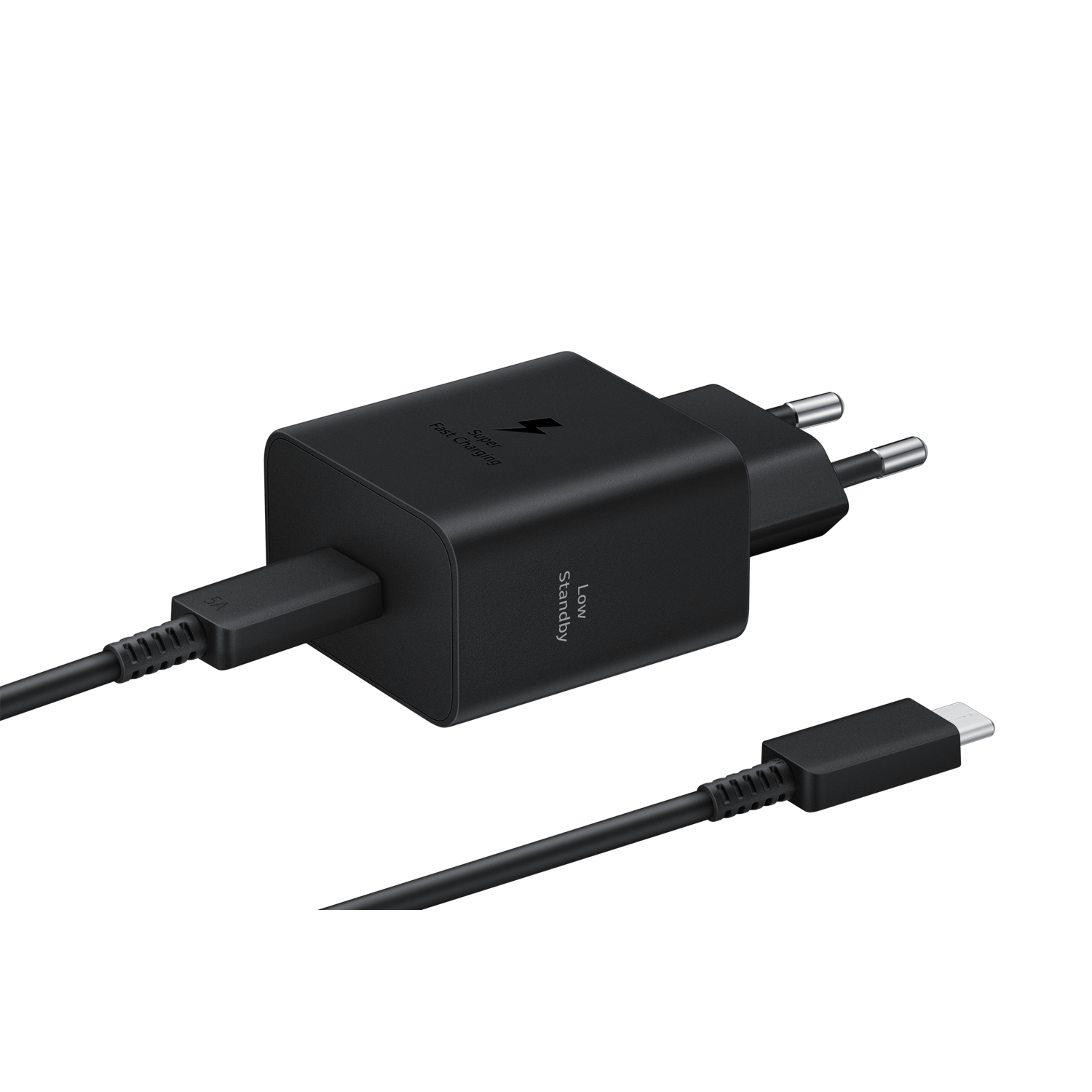 A black Samsung super fast charger and a USB-C cable, on a black background.