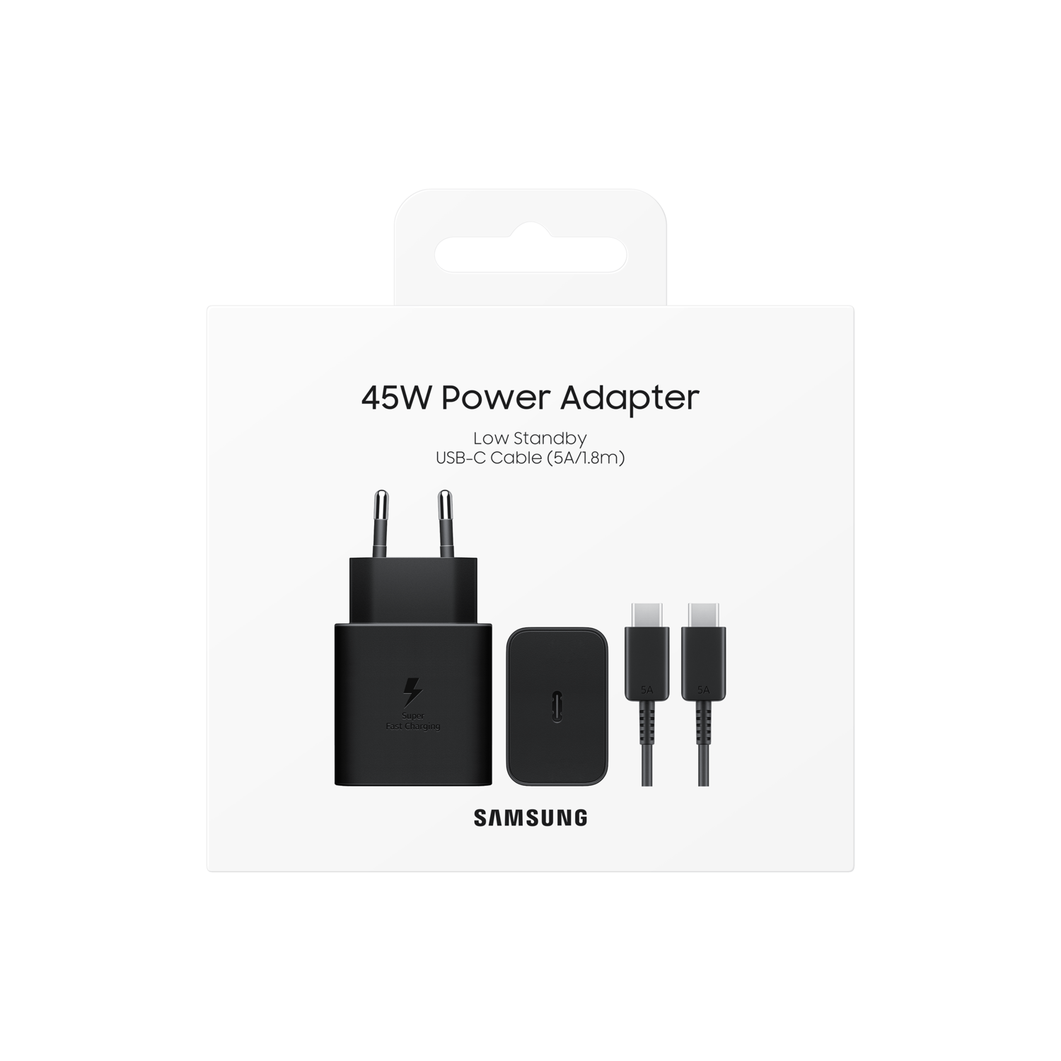 45W power adapter with USB-C cable, in its packaging.