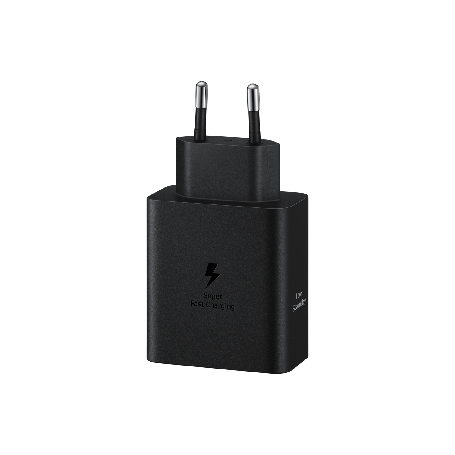 Zwarte telefoonlader. Er staat Super Fast Charging op en heeft een bliksempictogram.
