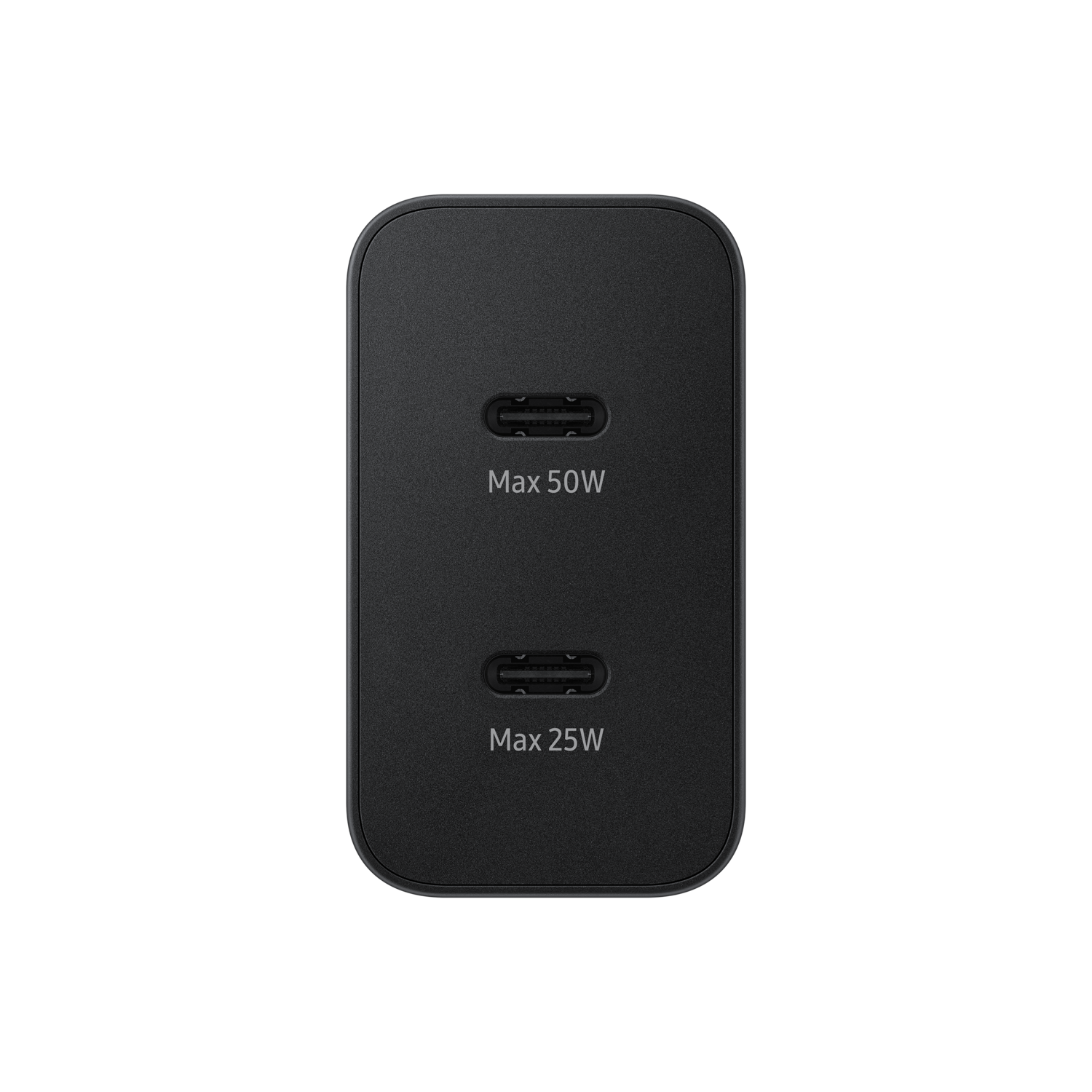 Zwarte oplader met twee USB-C-poorten, gemarkeerd met 'Max 50W' en 'Max 25W'.