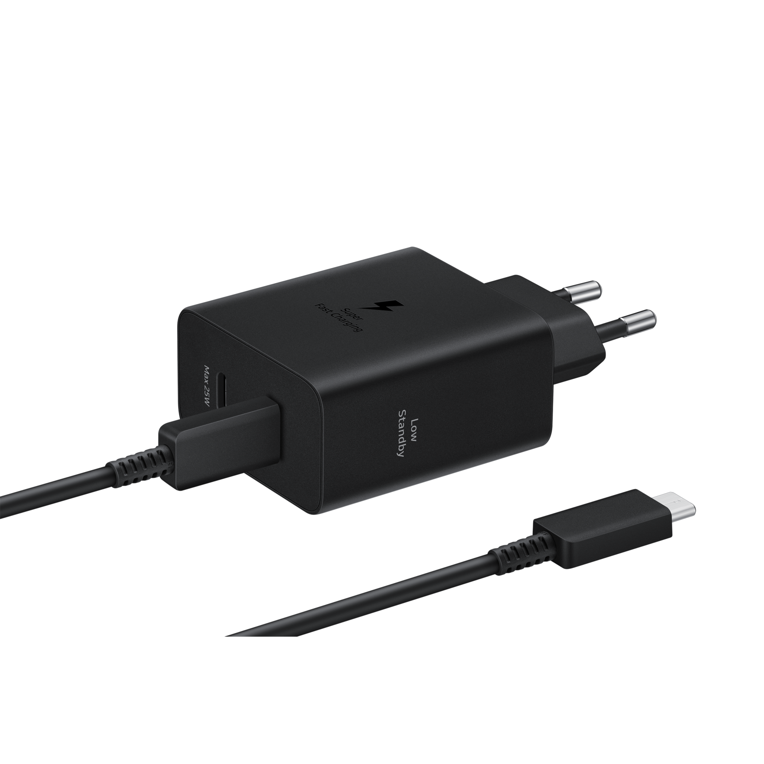 Zwarte oplader en kabel met een USB-C-connector.