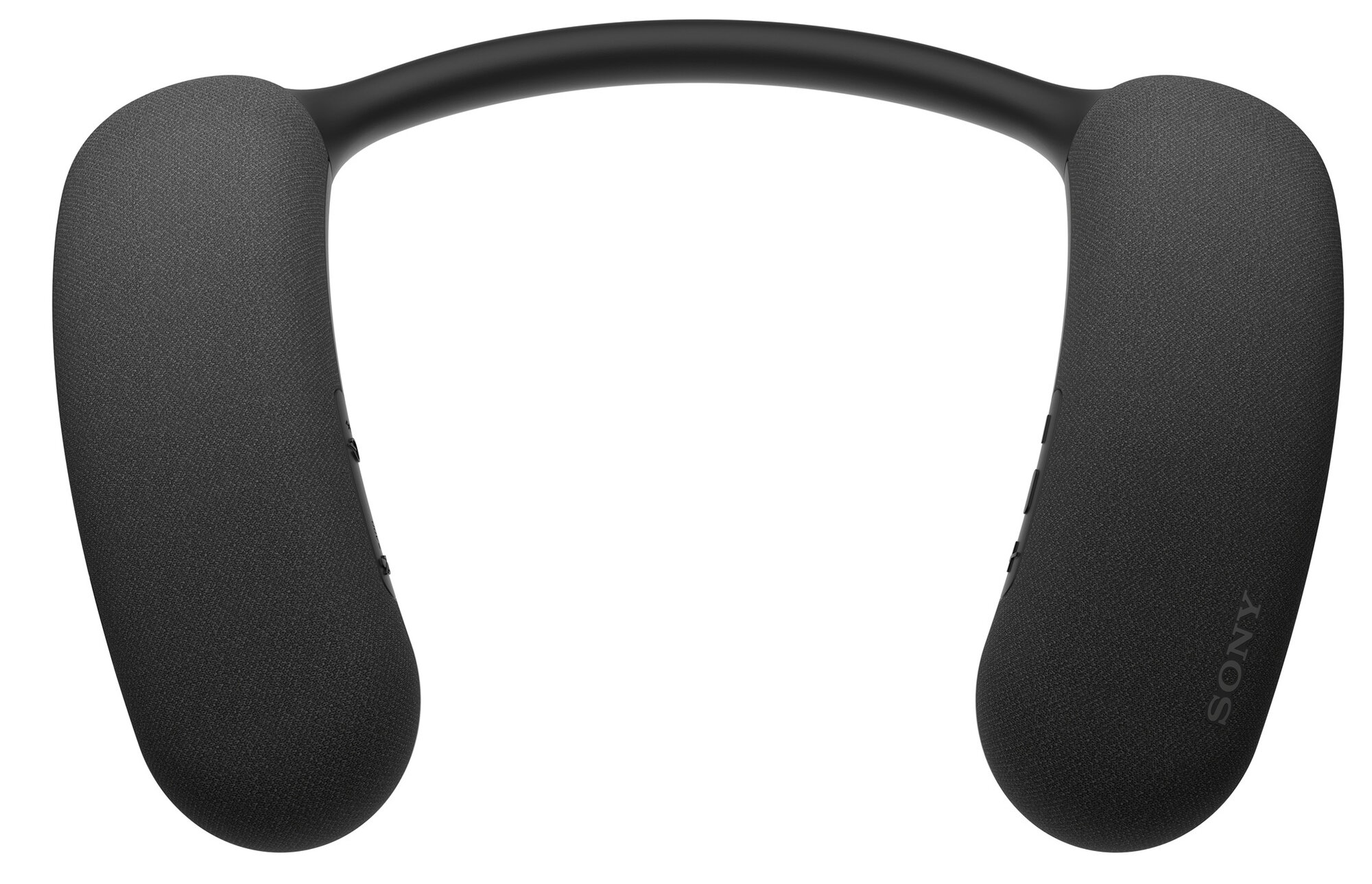 Czarne, bezprzewodowe słuchawki na szyję. Konstrukcja ma zakrzywione nauszniki i górny pasek.