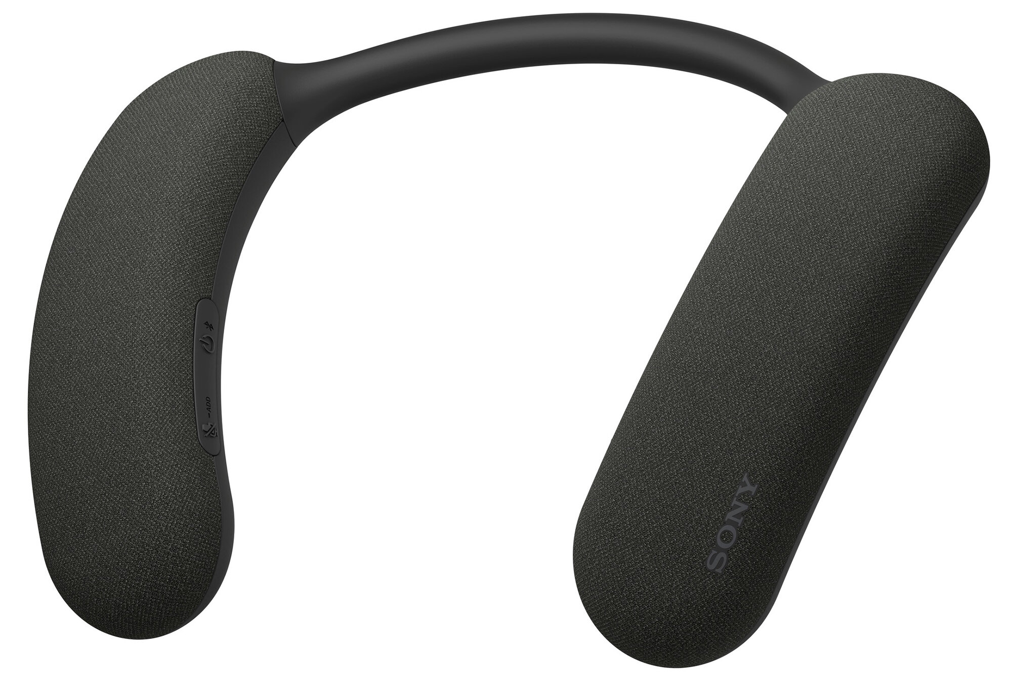 Czarne bezprzewodowe słuchawki na szyję na białym tle. Widoczne logo Sony.