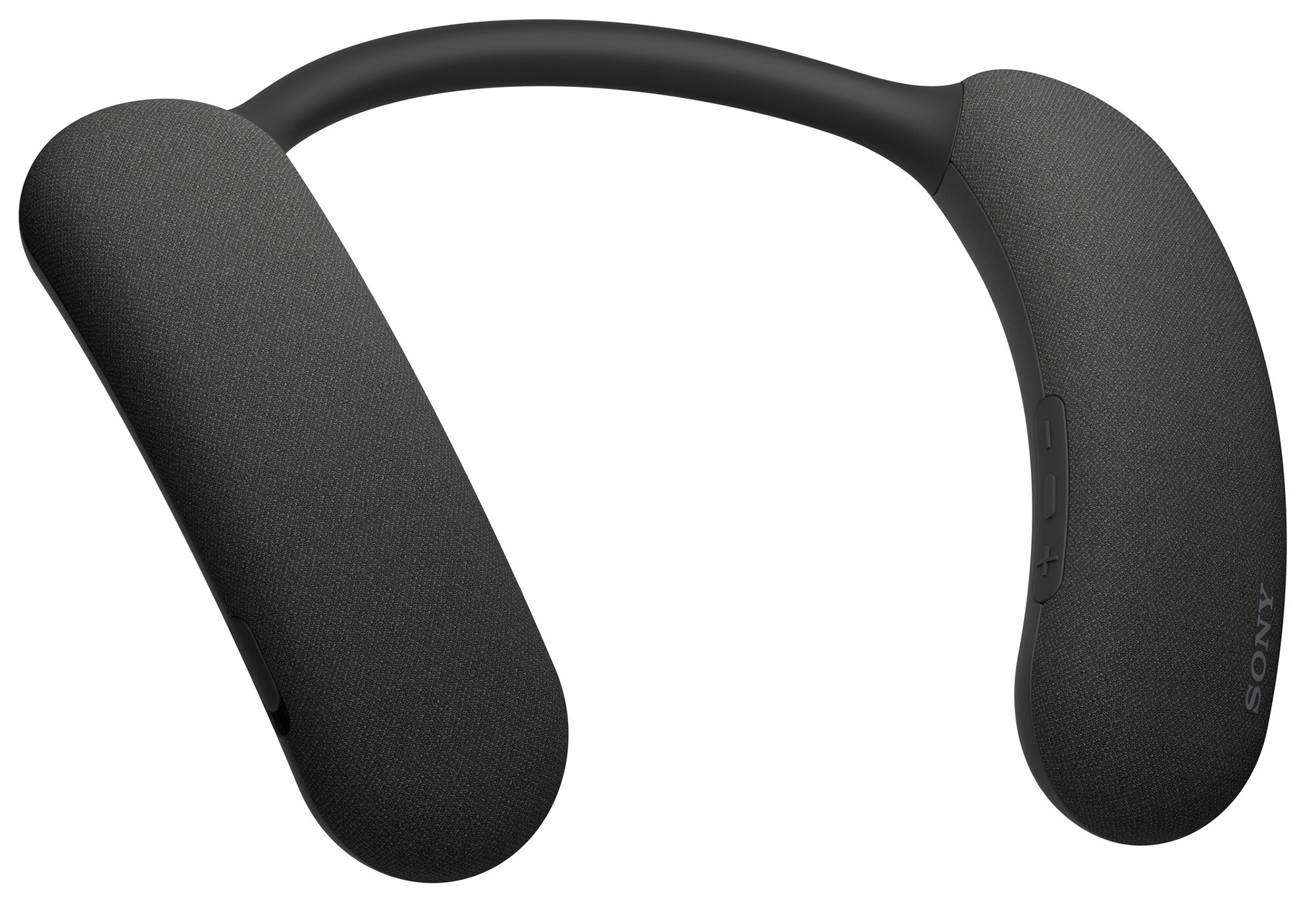 Czarne słuchawki na szyję z materiałową osłoną i przyciskami sterowania.