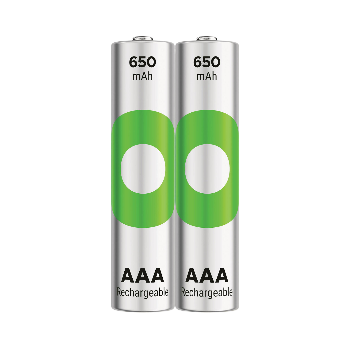 Deux piles AAA rechargeables avec un design vert et blanc. Les piles sont isolées sur fond noir.