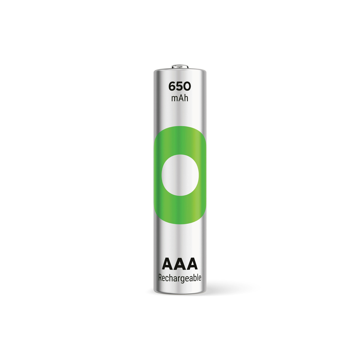Pile rechargeable AAA avec un design vert et blanc, sur fond blanc.