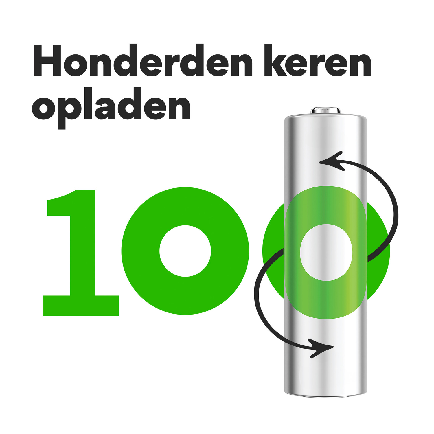 A rechargeable AA battery with arrows showing charging cycle, and text '100'.