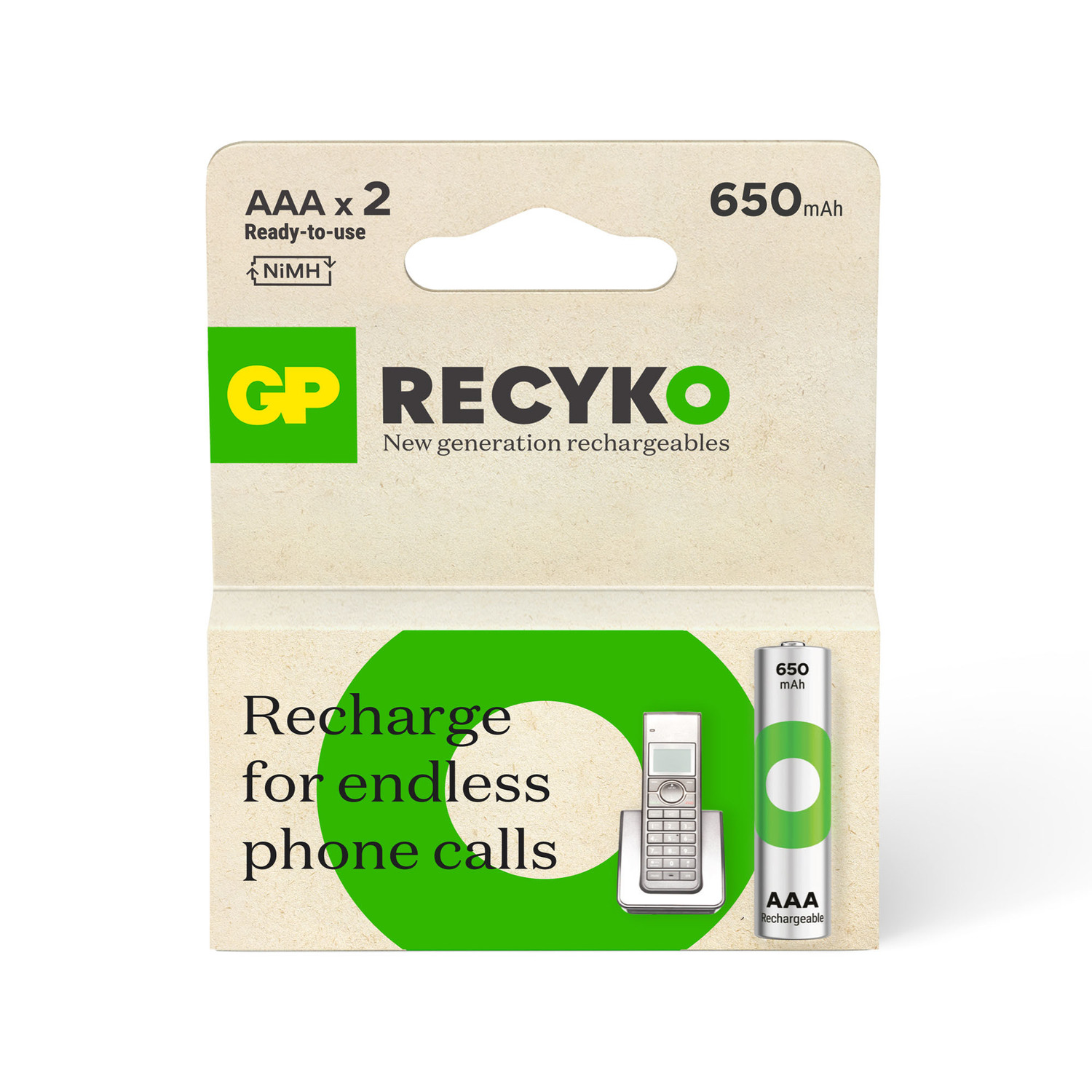 Pack de piles GP Recyko. AAA x 2, NiMH prêt à l'emploi. Recharge pour appels infinis.