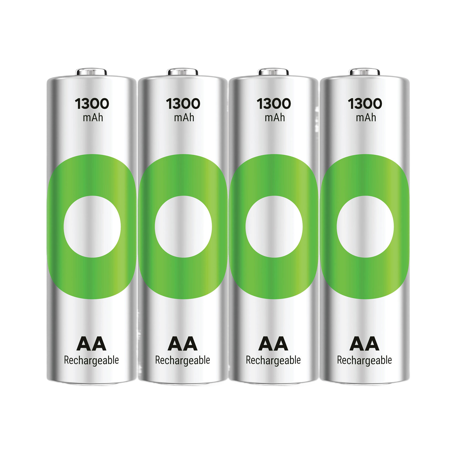 Quatre piles rechargeables AA. Logo O vert sur chacune, avec 1300 mAh et texte AA.