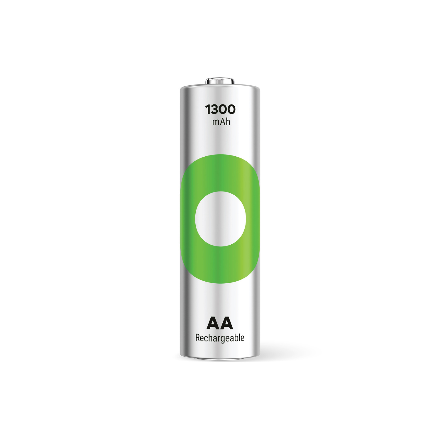 Une pile rechargeable AA argentée avec un graphisme vert et blanc. AA et mAh sont écrits.