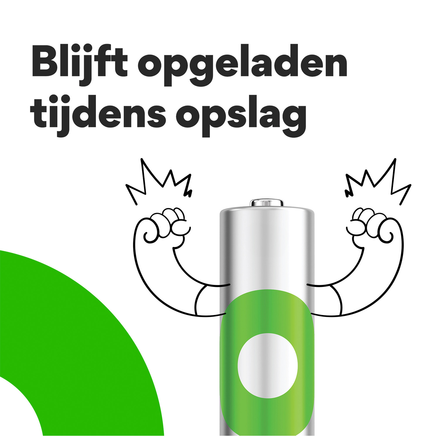 Een batterij met een groen en wit ontwerp, met armen en een gezicht. Toont een energieconcept.
