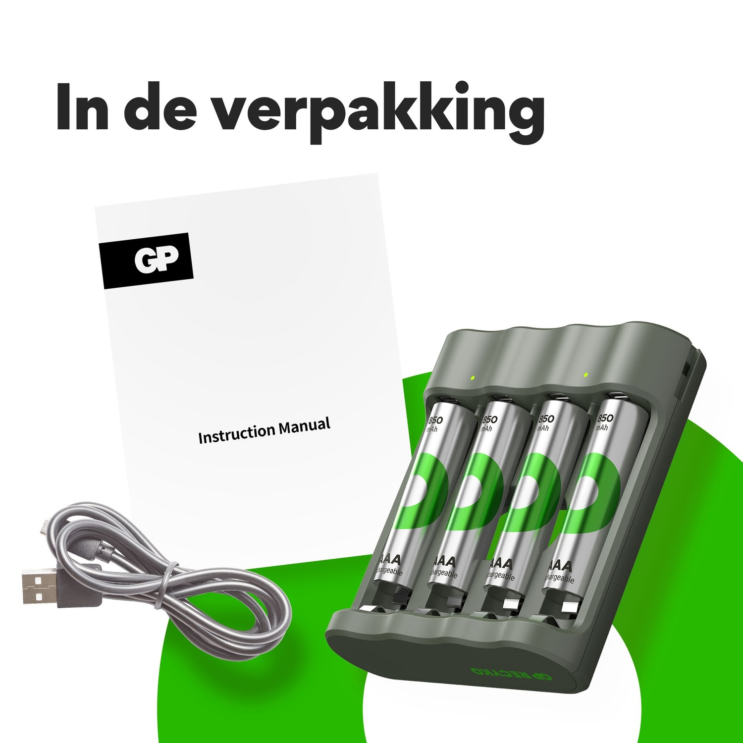 Instruction manual, a charger, and four AA batteries with a green and white design.