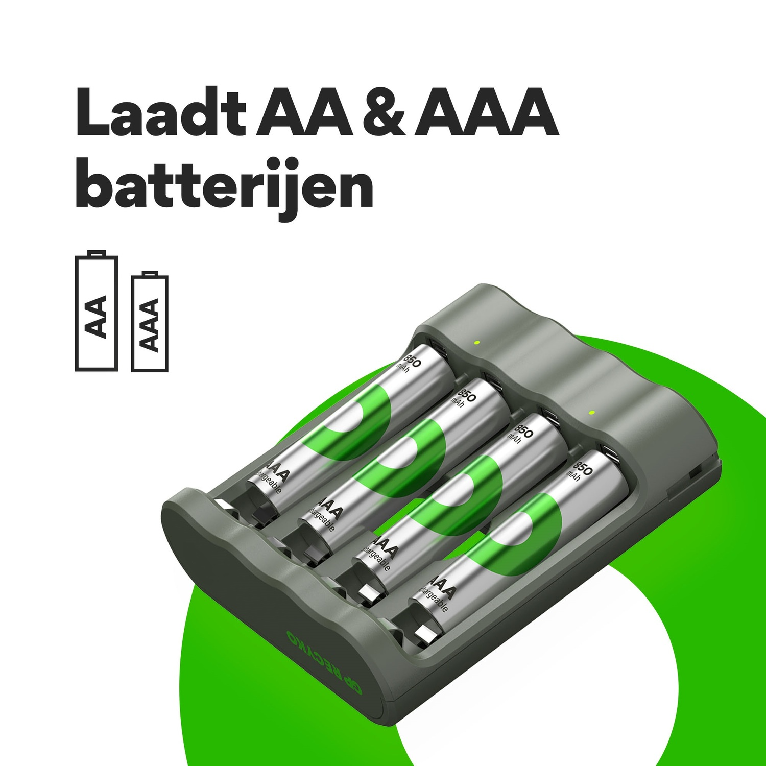 Battery charger with AA and AAA batteries. Green color scheme.
