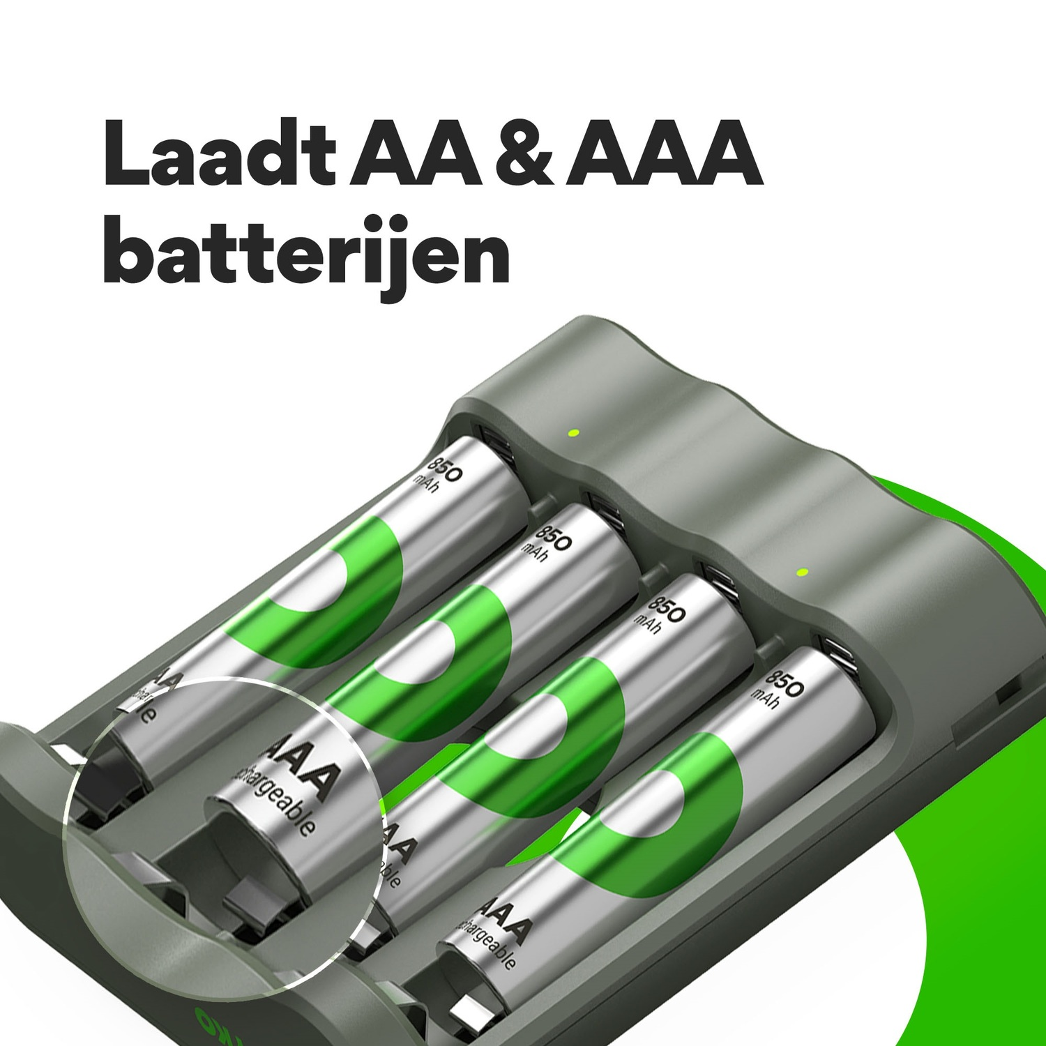 A battery charger with AA and AAA batteries. Text reads: 'Laadt AA & AAA batterijen'.