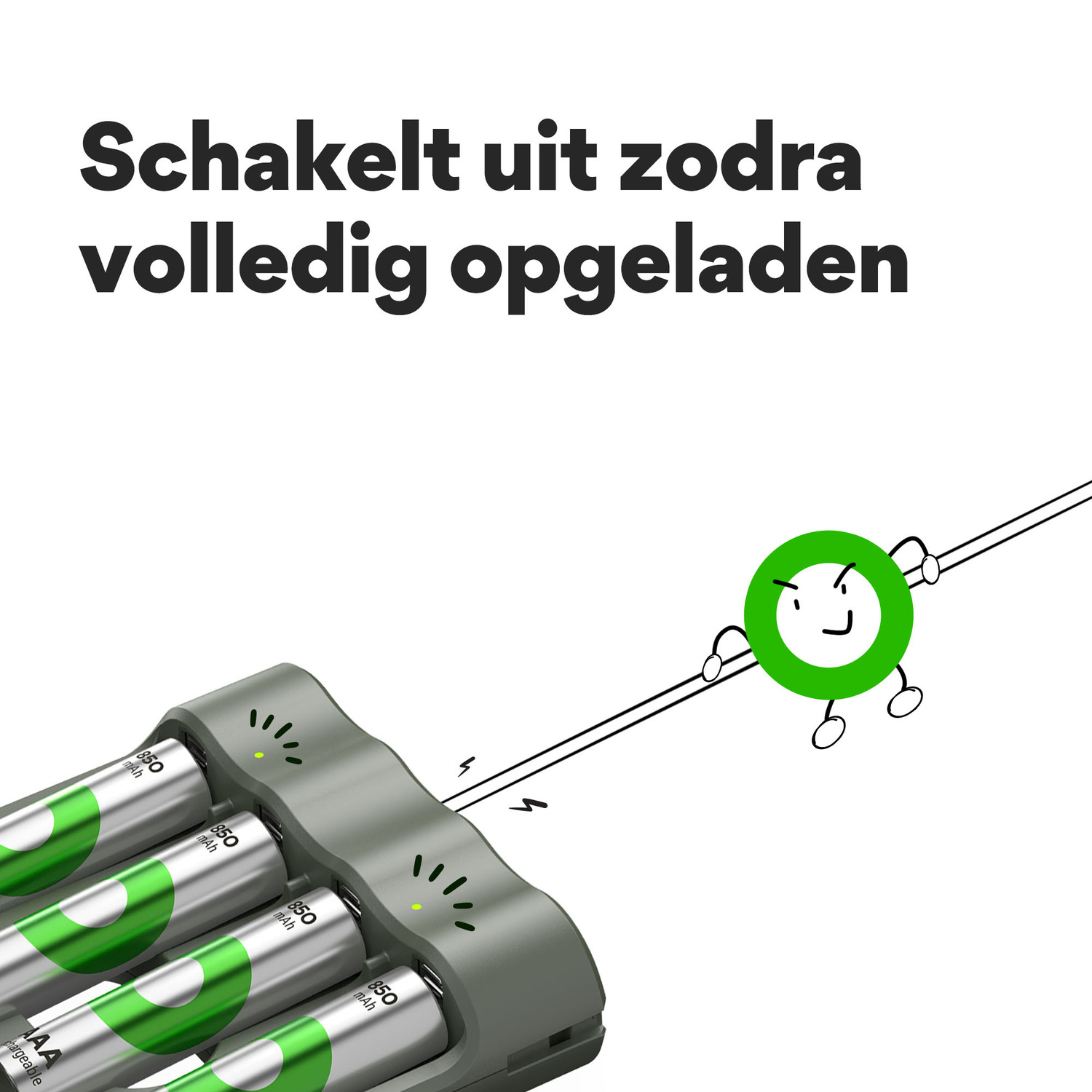 Illustration of a battery charger with batteries. Text says the charger turns off when fully charged.