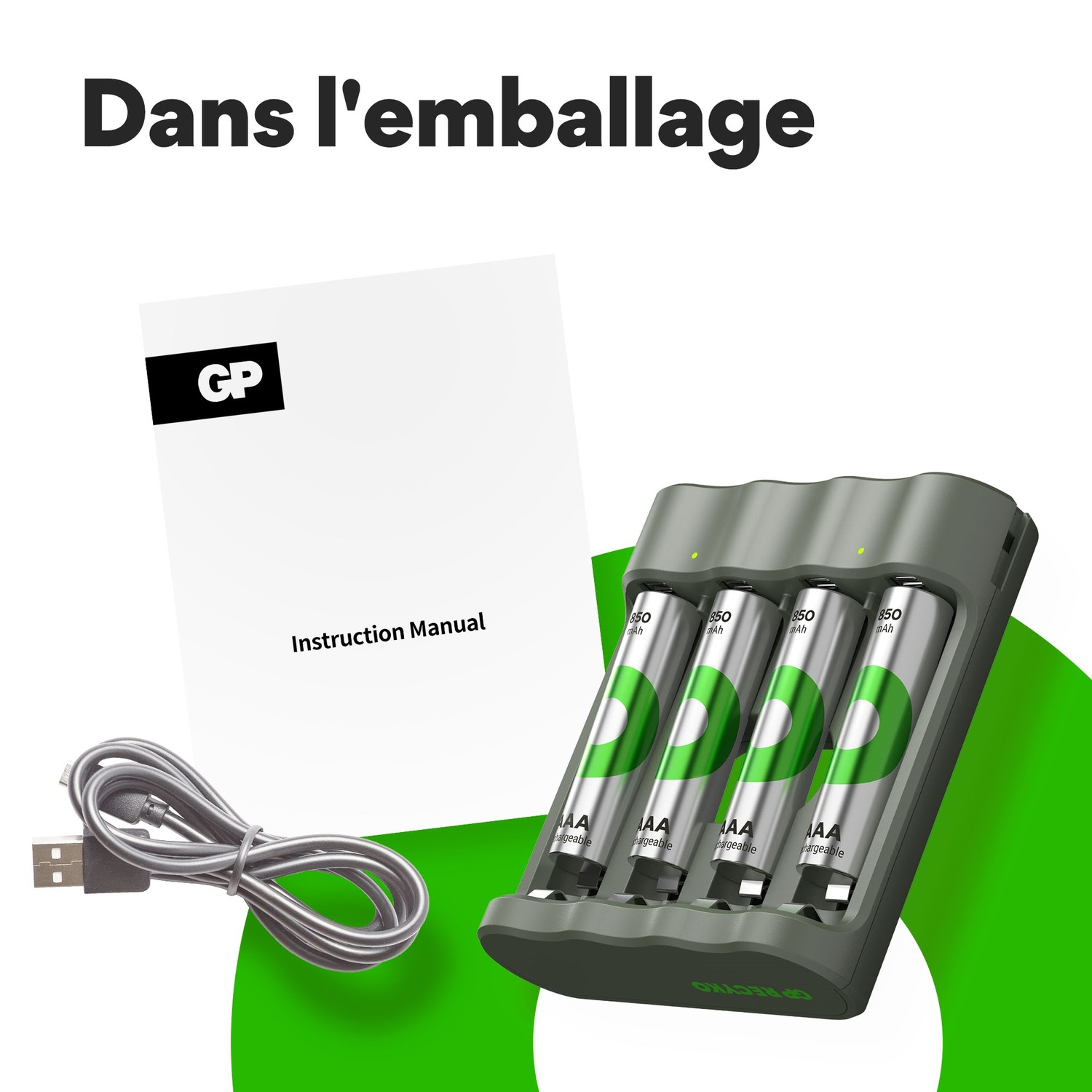 Contenu de l'emballage : un chargeur, 4 piles AA, un câble USB et un manuel d'instructions.