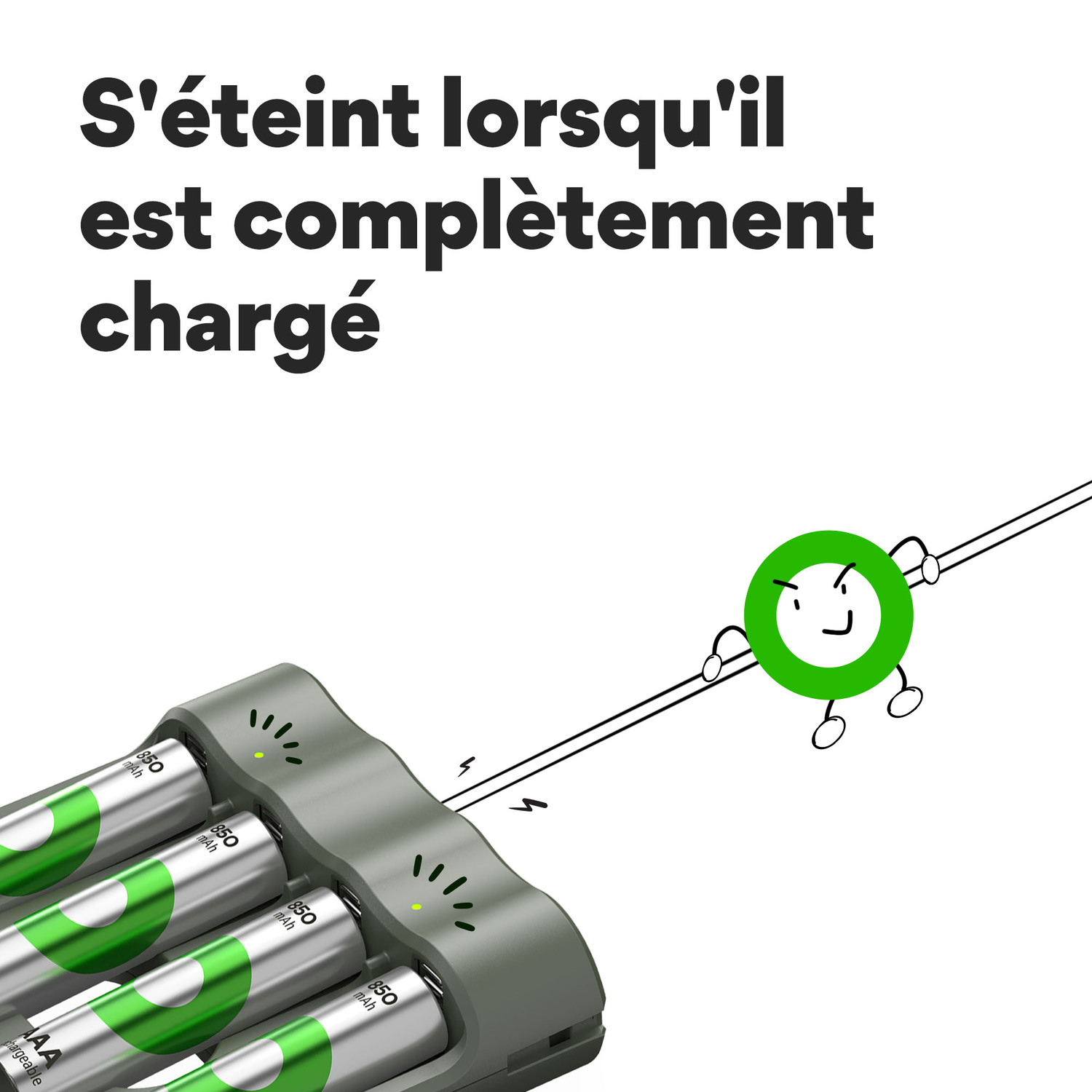 Un chargeur avec quatre piles et un personnage de dessin animé vert.