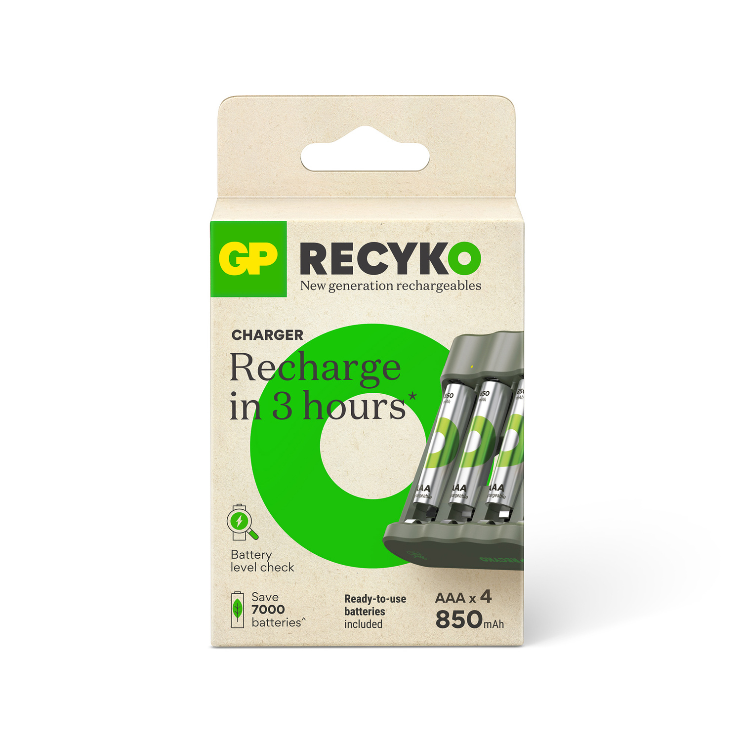 Rechargeable batteries in a charger box, with text about recharging.