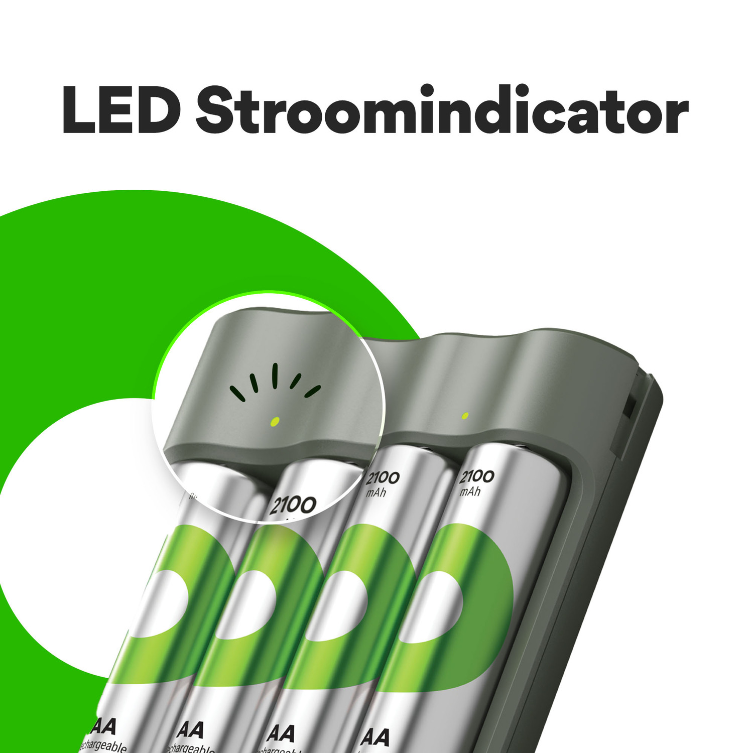 Charger with four AA batteries. Each battery shows 2100 mAh. A green indicator is lit.