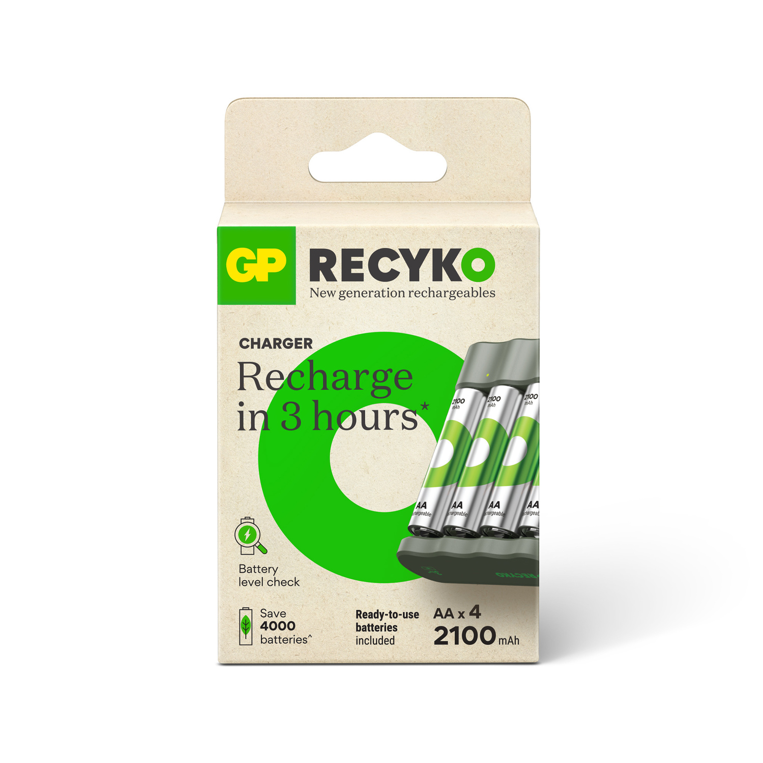 GP Recyko battery charger with 4 AA batteries. Green and white packaging. Text: Recharge in 3 hours.