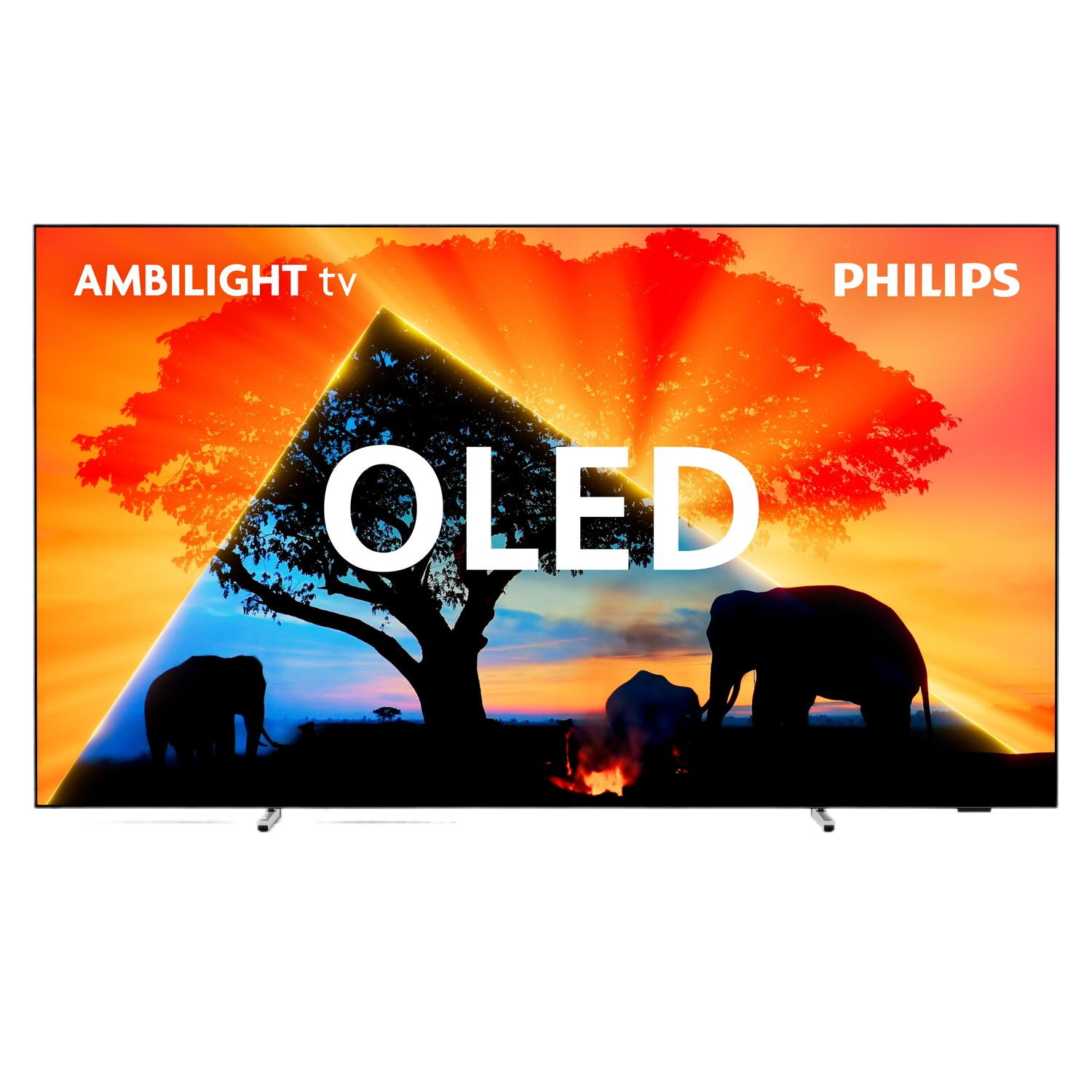 Philips OLED TV, met een groot boom silhouet, olifanten en een zonsondergang achtergrond.