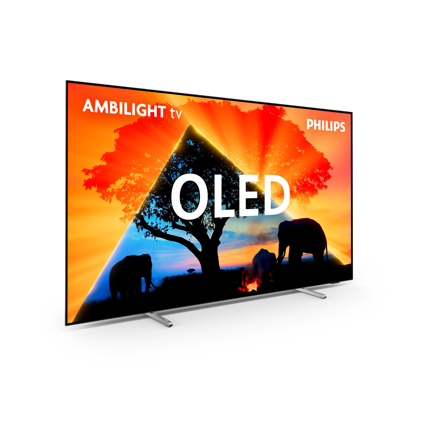 OLED TV met levendig scherm, silhouetten van olifanten en de merknaam Philips.