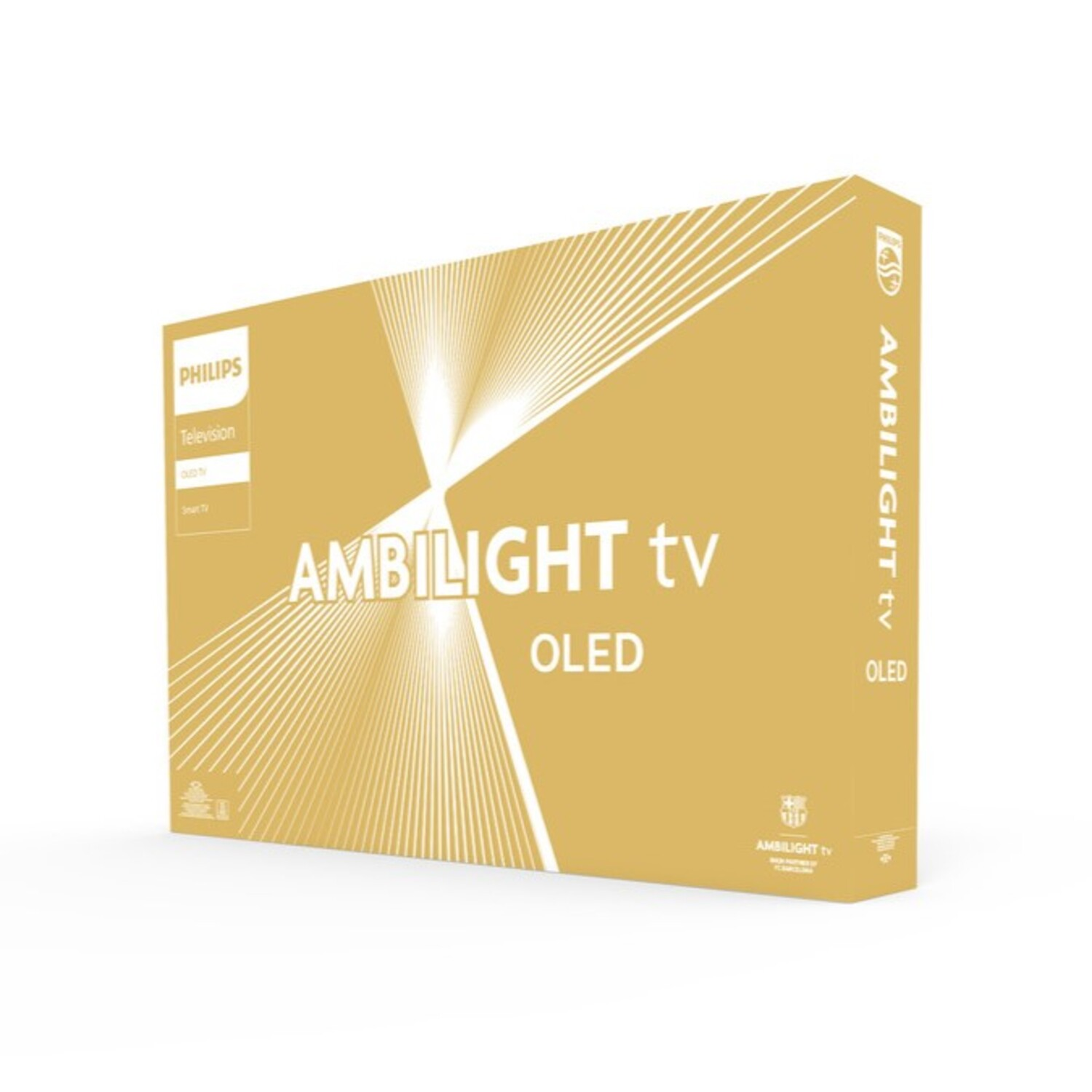 Een tv-doos met Ambilight TV OLED erop geschreven. Het heeft goud en witte kleuren. De doos staat schuin.