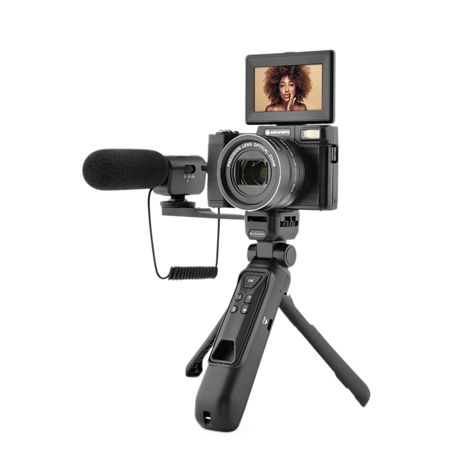 Un appareil photo noir avec un microphone et un petit écran sur un trépied. L'image d'une femme est sur l'écran.