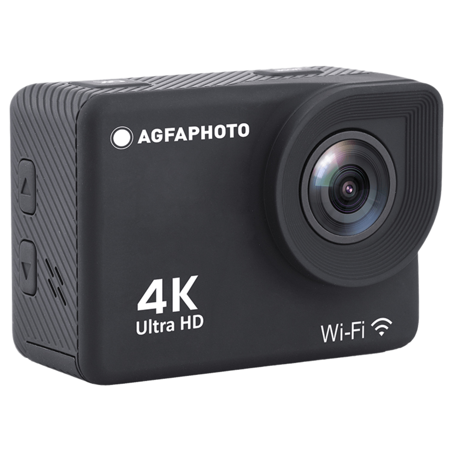Caméra d'action noire avec 'AGFAPHOTO' et '4K Ultra HD' imprimé sur le corps.