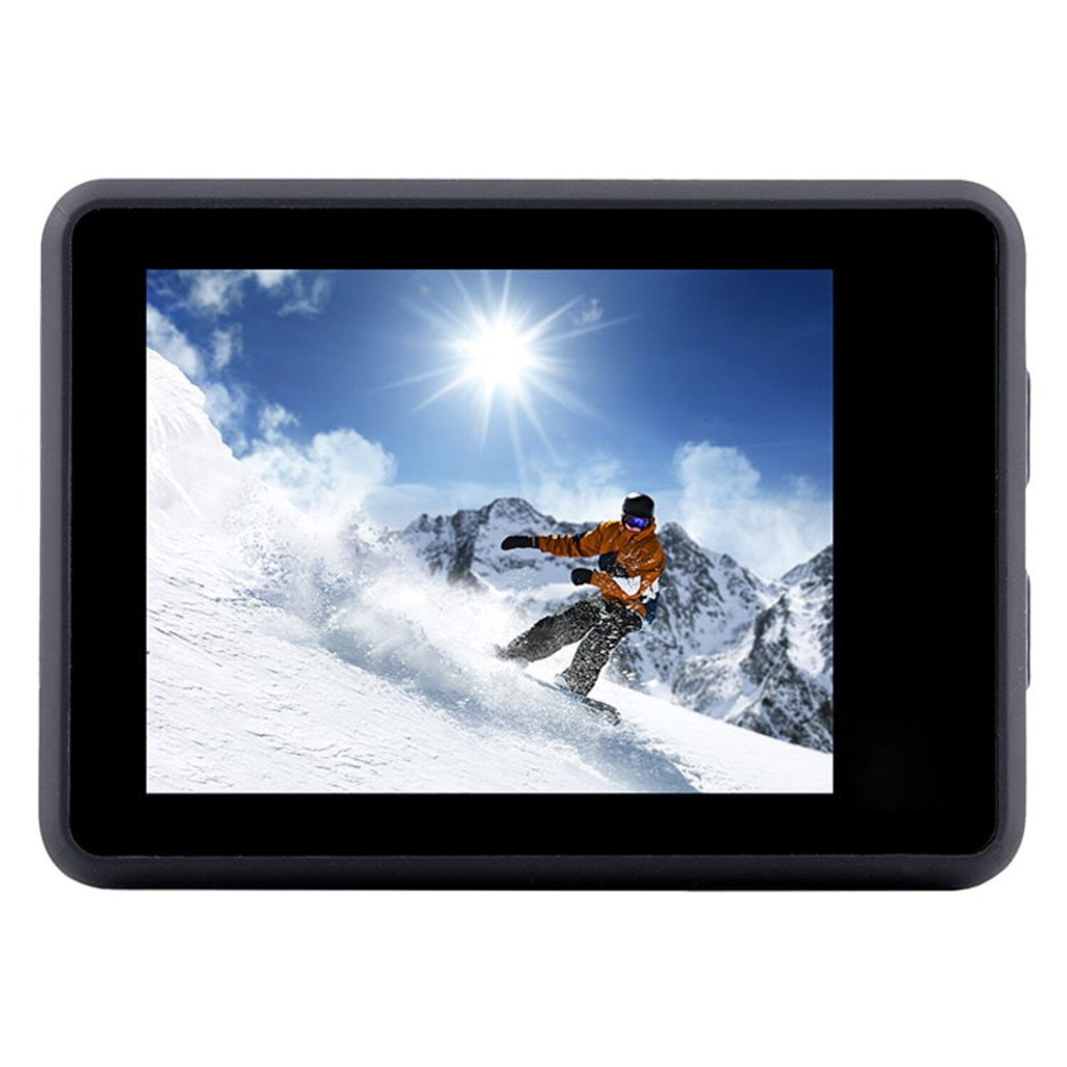 Une caméra d'action affichant un snowboarder sur une pente de montagne enneigée sous un ciel bleu vif.