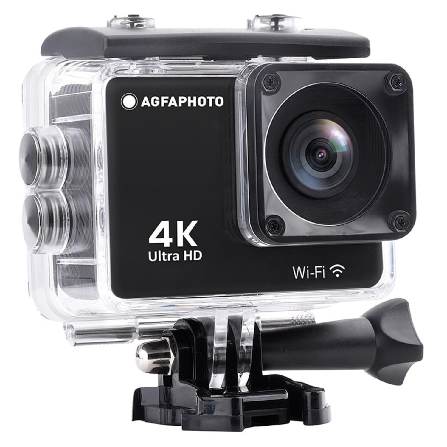 Une caméra d'action 4K Ultra HD dans un boîtier étanche transparent.