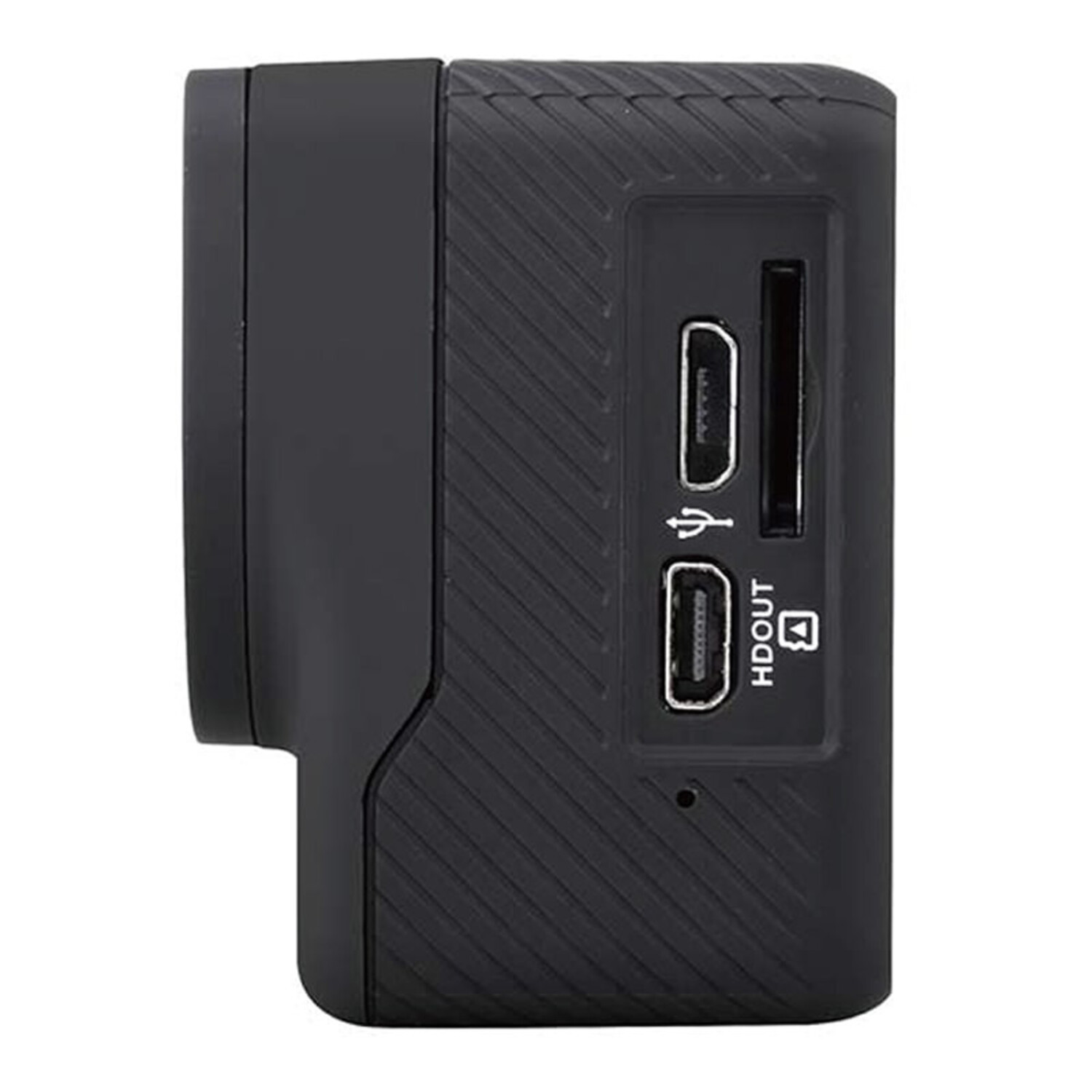 Vue latérale d'une caméra d'action noire avec ports et fente pour carte mémoire.