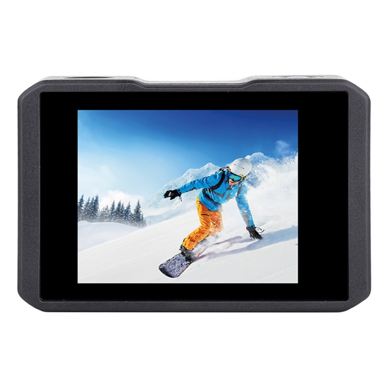 Actiecamera die een persoon toont die op een besneeuwde helling aan het snowboarden is.