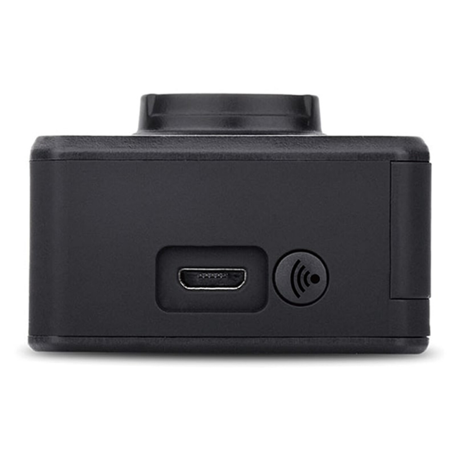 Een zwarte action camera met een oplaadpoort en een draadloos symbool aan de zijkant, tegen een witte achtergrond.