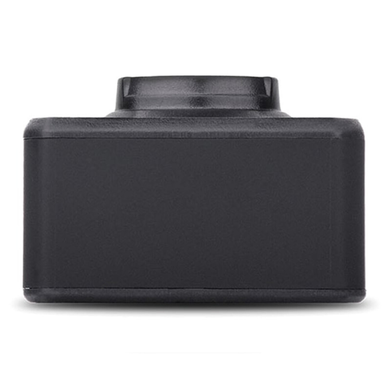 Een zwarte camera met een lens aan de bovenkant, van onderaf gezien.