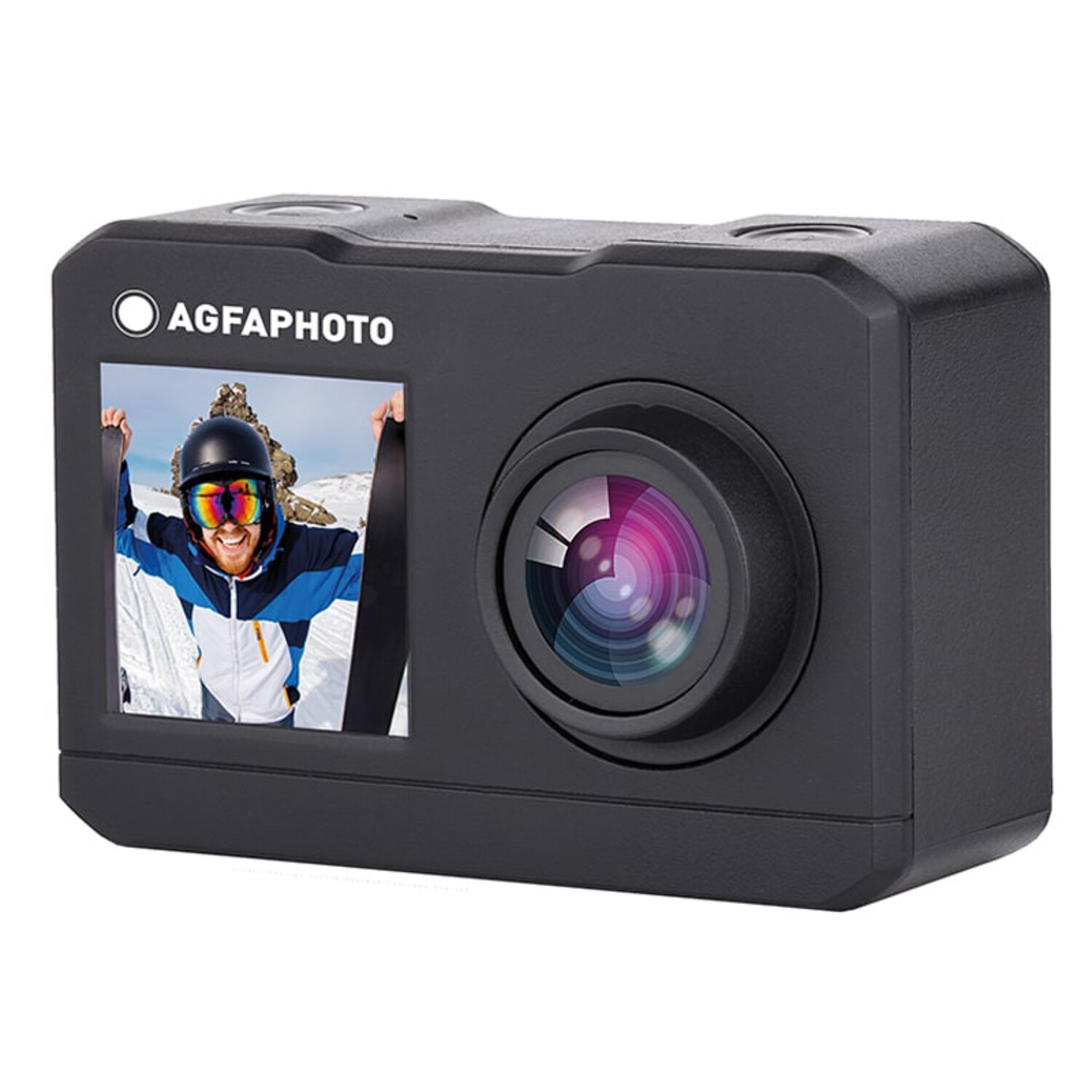 Zwarte action camera met een scherm waarop een persoon aan het skiën is. Merknaam zichtbaar.