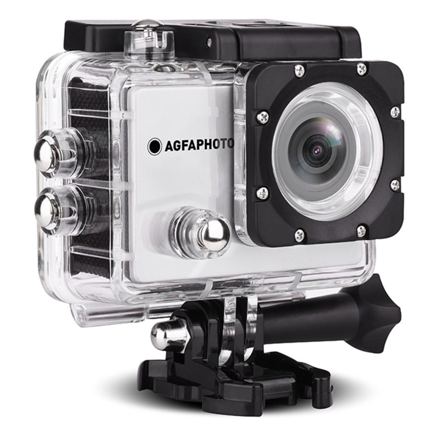 Clear AgfaPhoto action camera in a transparent case, with buttons and a lens.