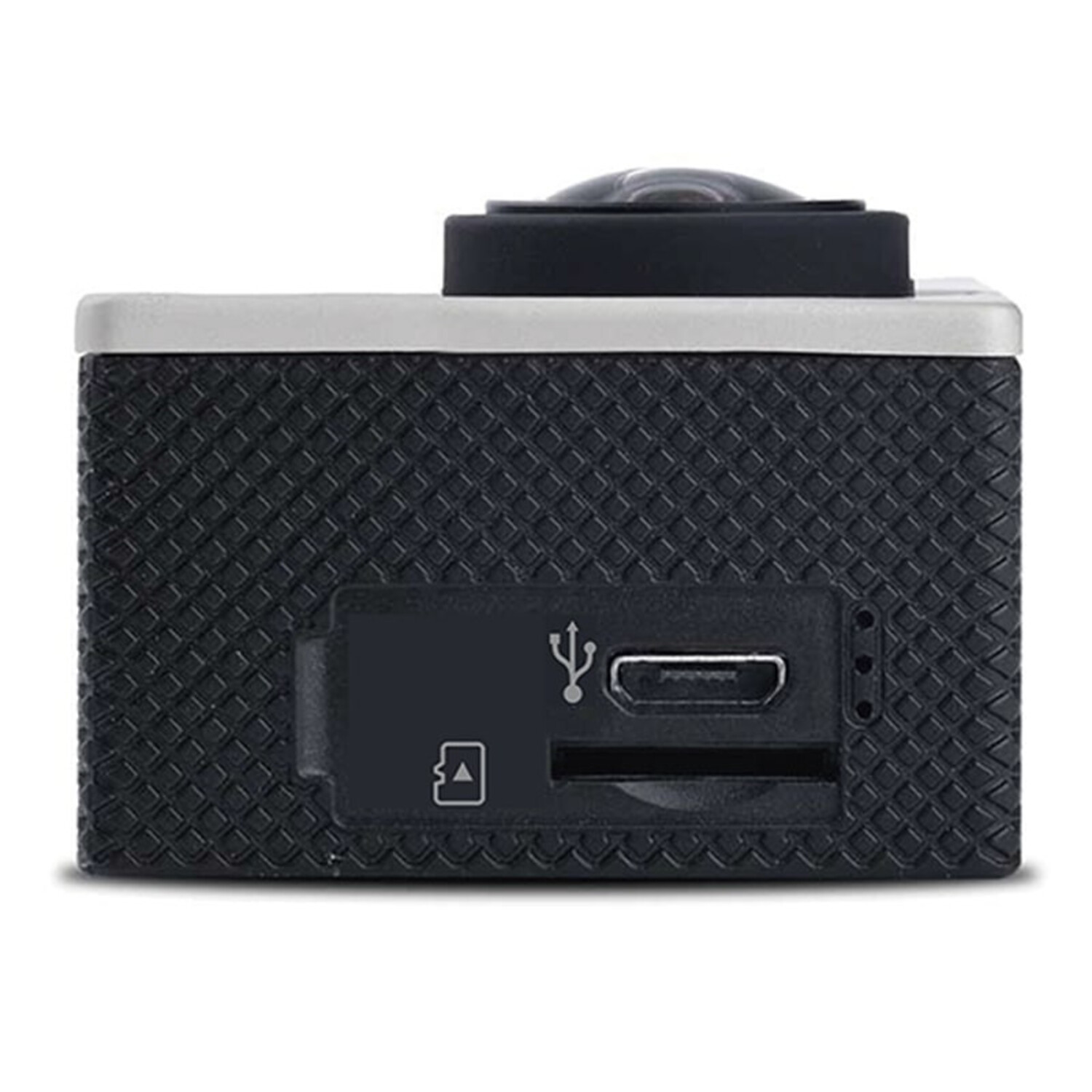 Black action camera, side view. Shows ports and lens. Silver trim on top. Diamond pattern on the body.